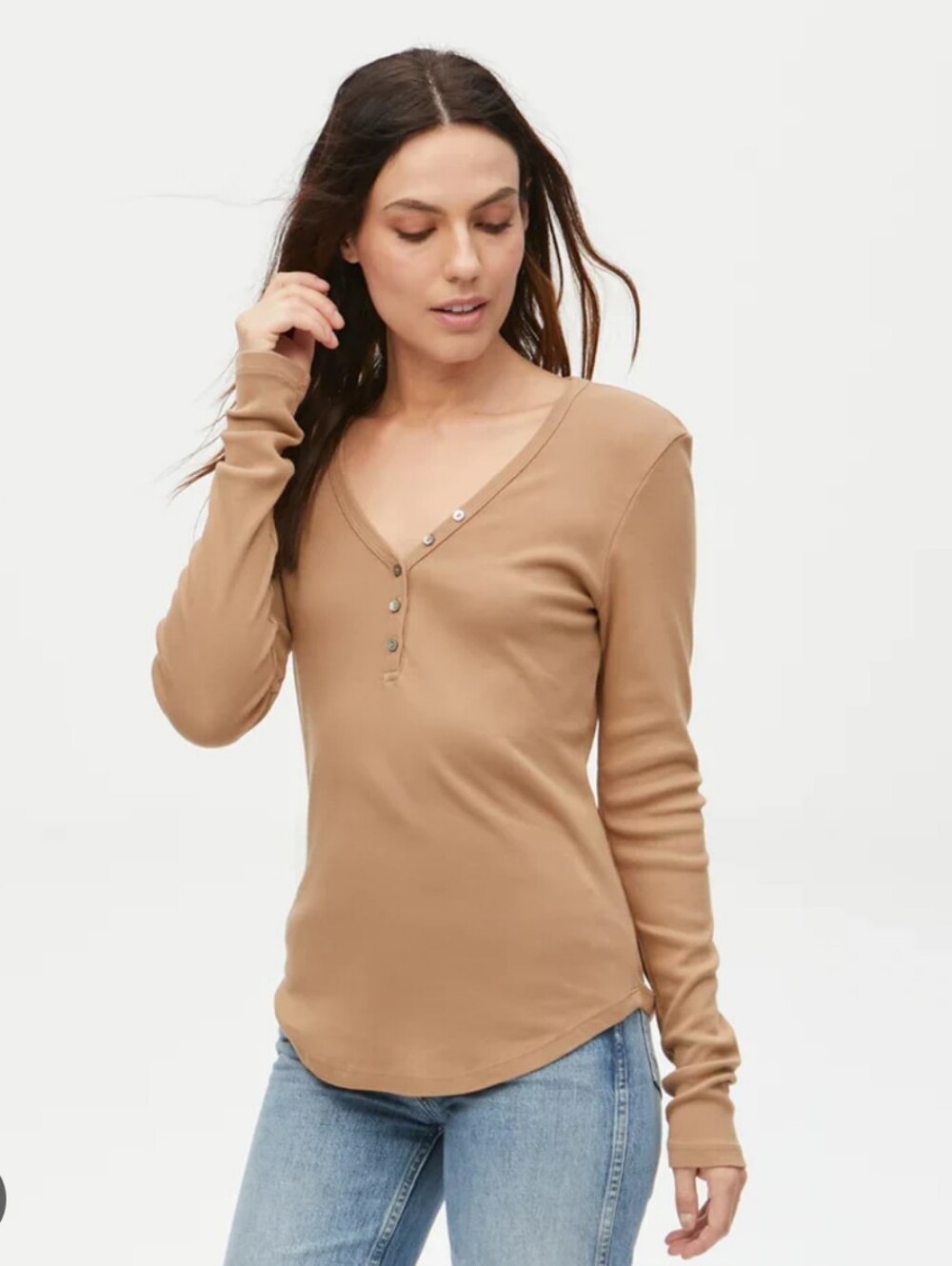 Michael Stars Tan V-Neck Henley Shirt Size OS